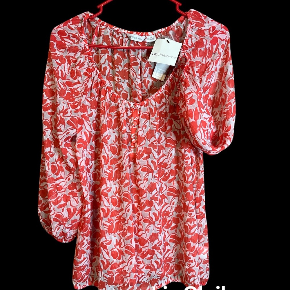 Liz Claiborne Red and White Flutter Sleeve Blouse